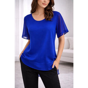 Ann Taylor Electric Blue Silk Blouse Sheer Hem Detail Short Sleeve Size XL